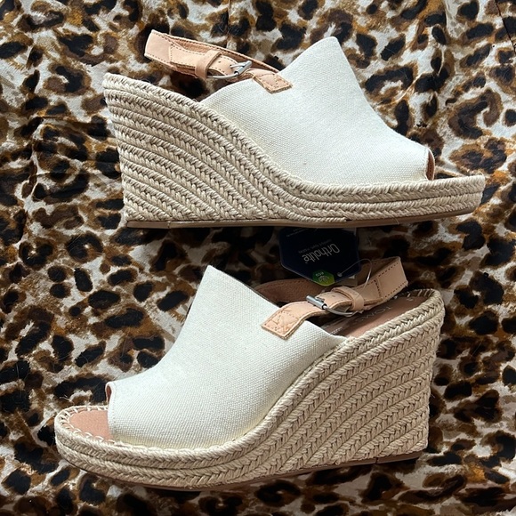 Brand New TOMS Natural Oxford Leather Neutral Espadrille Wedge Slingback Sandals - Picture 4 of 14